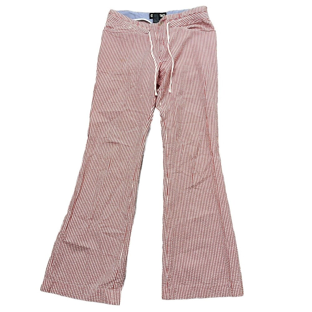 WORLD Designer Flare Pants 6 Seersucker Red White Stripe Flap Pocket 100% Cotton - Picture 2 of 4